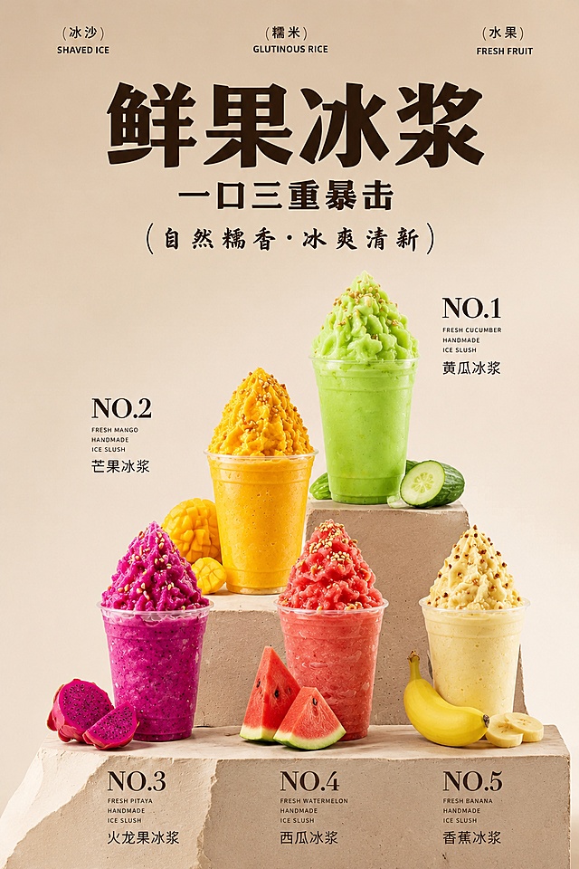 写实商业摄影风格夏日饮品海报，参考原图版式骨架复刻。保留参考图的阶梯展台产品陈列、分区排版、暖调简约氛围。主标题为"鲜果冰浆"，字体最大居中摆放，副标题为"一口三重暴击"，下方小字标注"(自然糯香·冰爽清新)"，顶部三个小标签分别标注"(冰沙)SHAVED ICE""(糯米)GLUTINOUS RICE""(水果)FRESH FRUIT"。阶梯展台上依次陈列5款鲜果冰浆饮品，从高到低分别标注NO.1黄瓜冰浆、NO.2芒果冰浆、NO.3火龙果冰浆、NO.4西瓜冰浆、NO.5香蕉冰浆，冰浆旁搭配对应新鲜水果块点缀。背景为浅暖米色，整体光影柔和通透，充满冰爽夏日氛围感，所有文字清晰可读，版式精美，宽高比2:3。