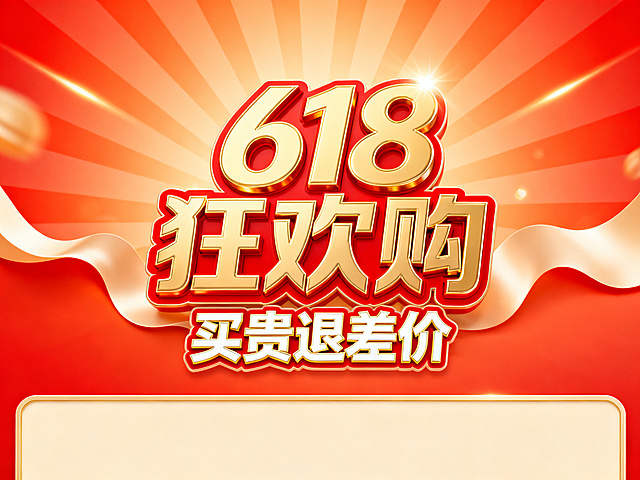 618大促电商KV海报，热烈活泼的促销风格，高饱和红橙渐变背景，带有放射状光线和柔和波浪形光带，温暖热烈的节日促销氛围，中间是大号金色立体促销主标题"618狂欢购"（带有红色描边和浮雕效果），下方是白色立体副标题"买贵退差价"（带红金描边），底部预留浅米色空白框。8K超高清，超写实商业海报质感，金属光泽立体字，明亮高光，柔和阴影，热烈喜庆的促销氛围，画面干净无杂物，高对比度色彩，高级质感，适配电器促销banner。