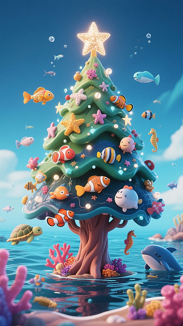 梦幻海底圣诞树，软3D粘土风，卡通海洋生物环绕，点缀星光与珊瑚，节日氛围萌趣十足。