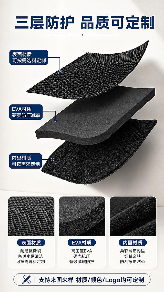 [商品] 使用【图3】材质分层结构图；保留三层材质结构（表面面料、EVA中层、内里绒布），增强各层材质纹理对比，不改变材质层次结构。
[画面] 材质分层解析页，三层材质斜向叠放展示于画面中央占画面60%；上下结构，顶部标题区，中部材质爆炸分层图，底部三个材质说明卡；乳白色背景，每层材质用引线标注名称和特点，层与层之间有间隙体现分层结构。
[视觉] 套系策略：风格=1688工厂批发商业摄影风；标题字=粗黑体；正文字=常规黑体；主色=黑色（产品色）；背景延展=乳白色渐变+细腻哑光质感，局部浅灰做层次；强调色=藏蓝色，仅用于标题、标签和引线；标题色=藏蓝色；正文色=深灰色；组件=圆角信息卡、细线引线、胶囊标签；光影=侧光突出材质纹理层次。
[文字] 顶部主标题"三层防护 品质可定制"，第一层引线标注"表面材质 可按需选料定制"，第二层引线标注"EVA材质 硬壳防压减震"，第三层引线标注"内里材质 可按需求定制"，底部说明"支持来图来样 材质/颜色/Logo均可定制"；文字横排。
[规格] 图片比例9:16竖版，4K，避免变形、错字、文字过小、冷蓝背景、材质层次混乱。