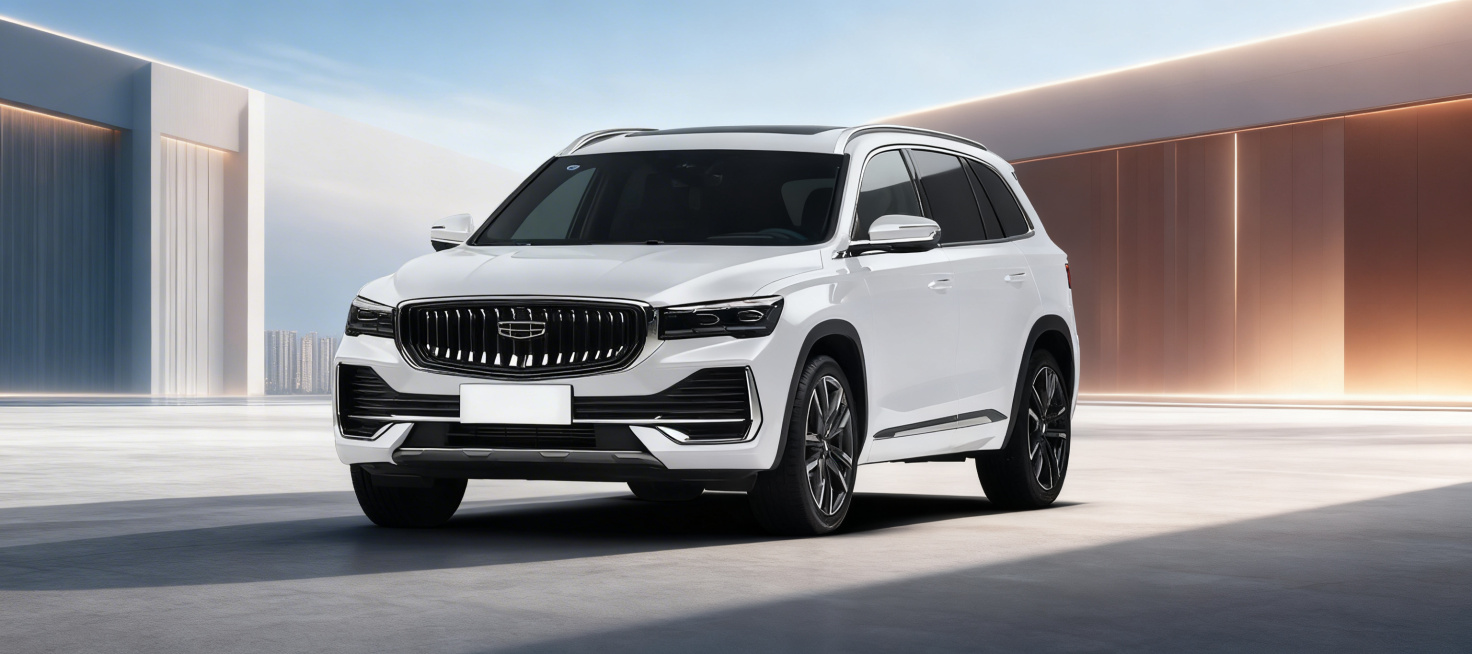 将白色吉利SUV汽车扩展成微信公众号封面图，保留原汽车主体，搭配大气专业的汽车宣传背景，整体风格适合汽车资讯推广预览效果