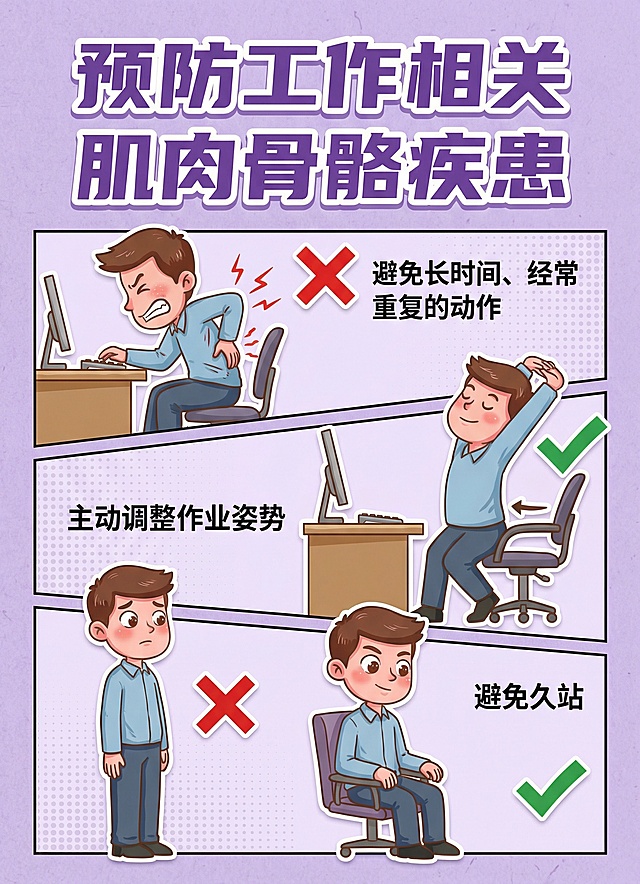 参考这个风格把“预防工作相关
肌肉骨骼疾患
◎避免长时间、经常
   重复的动作
◎主动调整作业姿势
◎避免久站”主色调用浅紫色