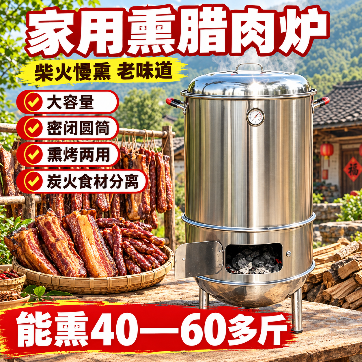 [主图-1] 首图重做：产品全貌＋乡村农家院腊味氛围，兼顾拼多… - 图片创意预览
