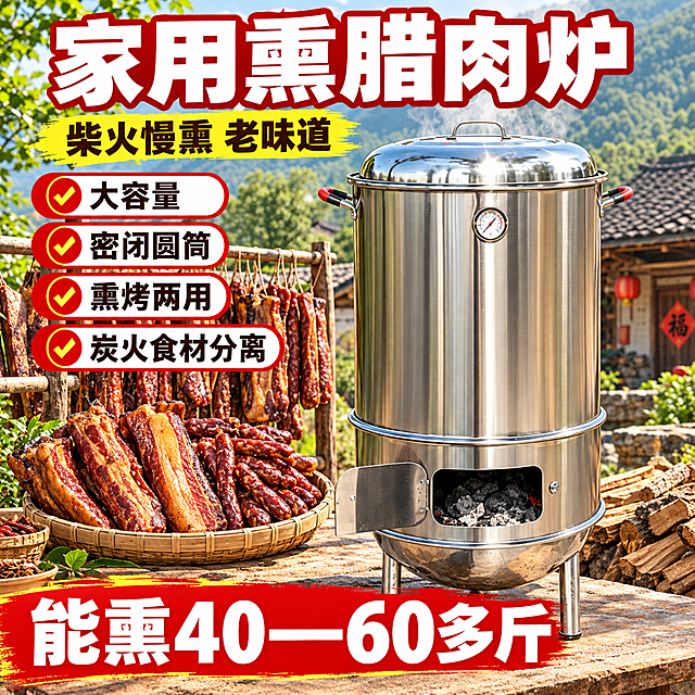 [主图-1] 首图重做：产品全貌＋乡村农家院腊味氛围，兼顾拼多多大字报与淘宝品质感。
[统一基调] 拼多多为主兼容淘宝：红黄高饱和大字直白但画面干净有商业摄影质感；标题字=超粗黑体白色字带深红描边；正文字=黑体深棕黑；主色=中国红；强调色=金黄仅用于标签和爆炸贴；组件=圆角红标签、金黄爆炸贴、底部红色横幅；光影=明亮自然光商业摄影。
[画面] 不锈钢熏肉炉立于乡村农家院石桌/木台上：上部高圆筒熏烤仓＋下部较矮圆台炭火底座，拱形不锈钢盖带顶部金属提手，炉身正面偏上有圆形机械温度计，两侧各有一个带红色防烫套的把手，下部炭火座正面长方形加炭口小门打开露出灰烬，底部三条短粗不锈钢支腿三角支撑（正面两条、后方一条，一共三条腿，严禁四条腿），银灰色拉丝不锈钢。炉旁木架挂满红褐色腊肉腊肠，地面堆劈好的柴火，背景青山瓦房、白烟轻绕，乡村年味。产品占画面60%居右，左侧留文字区。
[光影质感] 上午自然阳光，不锈钢高光清晰、三条支腿接触地面自然，腊肉油润、柴火质感真实。
[配色] 红黄促销色＋乡村暖色；环境色=木色、柴火色、青山绿。
[文字版式] 顶部大标题"家用熏腊肉炉"；副标题"柴火慢熏 老味道"；左侧四个圆角白标签纵向排列"大容量""密闭圆筒""熏烤两用""炭火食材分离"；底部红色横幅白字"能熏40—60多斤"；文字横排不遮挡炉体。
[输出要求] 1:1，文字清晰无错字，产品外观严格保持原图（三条腿、温度计在上部、双层结构），无平台Logo水印，无极限词。