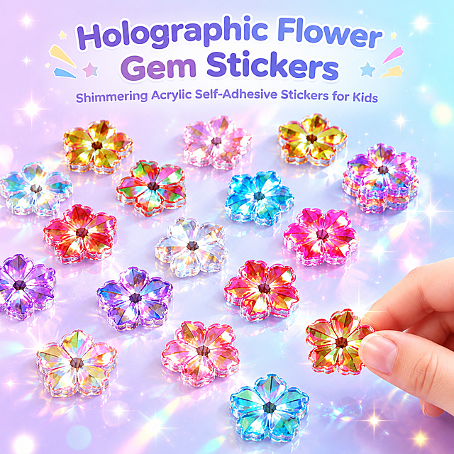 Amazon A+ hero banner, 1:1 square first screen main visual. Dreamy soft light holographic style, light lavender to ice blue gradient background, kids craft product hero image quality, clean premium, strong first glance attraction. Top centered main title "Holographic Flower Gem Stickers" in bold rounded English sans-serif font, subtitle "Shimmering Acrylic Self-Adhesive Stickers for Kids" in lighter clear font. Center and upper area: multiple 3D five-petal flower holographic gem stickers scattered and stacked, clear transparent acrylic thickness visible, surfaces show rainbow coating, colorful refraction and sparkling highlights. Bottom right corner: fingertip of a young Caucasian American girl gently picking up one flower sticker, emphasizing kids craft usage feel. Background is soft gradient from light purple to ice blue, dotted with small starlight and light spots. Product occupies about 70% of core area, balanced white space all around. Emphasize shimmering, dreamy, kid-friendly vibe. Flower stickers strictly replicate reference product details: five-petal shape, iridescent acrylic faceted texture, holographic coating, colors include gold, multicolor, pink, rose red, blue, purple, white matching actual product colors. No extra size info shown.