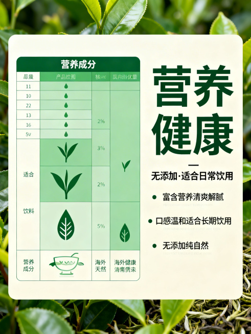 翠芽绿茶营养健康海报，左侧展示海外简约风格茶叶营养成分示意图，右侧放置主标题"营养健康"，副标题"无添加·适合日常饮用"，以及三点核心饮用优势短句排版：富含营养清爽解腻，口感温和适合长期饮用，无添加纯预览效果
