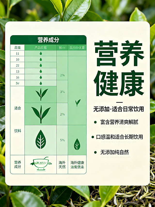 翠芽绿茶营养健康海报，左侧展示海外简约风格茶叶营养成分示意图，右侧放置主标题"营养健康"，副标题"无添加·适合日常饮用"，以及三点核心饮用优势短句排版：富含营养清爽解腻，口感温和适合长期饮用，无添加纯自然。排版采用左右对称，示意图简洁直观，文字清晰易读，配色延续翠绿+米白风格，突出健康天然核心，贴合海外健康消费需求。禁止使用复杂营养公式、晦涩专业术语、中式养生话术、示意图杂乱、配色暗沉。