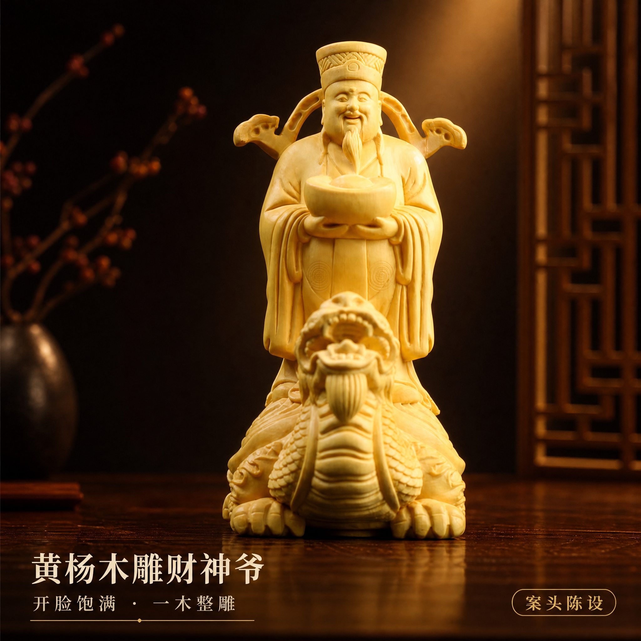 [主图-1] 首图·氛围主视觉：深色新中式场景中的木雕「财神」… - 图片创意预览