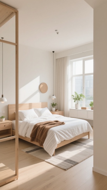 现代简约风格卧室，不同角度展示，柔和的米白色和浅木色为主色调，搭配温暖的阳光从大窗户洒入，照亮房间，白色条纹床单上随意搭着一条棕色毛毯，床头有简约的壁灯和圆形装饰摆件，窗边摆放着绿植和白色矮柜，房间内摆设包括床、床头柜、地毯、窗帘等元素，整体营造出温馨、舒适、明亮的居住氛围，干净整洁的空间布局，柔和的光影效果，细腻的材质质感，符合现代家居设计的审美。预览效果