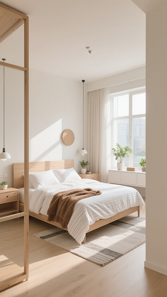 现代简约风格卧室，不同角度展示，柔和的米白色和浅木色为主色调，搭配温暖的阳光从大窗户洒入，照亮房间，白色条纹床单上随意搭着一条棕色毛毯，床头有简约的壁灯和圆形装饰摆件，窗边摆放着绿植和白色矮柜，房间内摆设包括床、床头柜、地毯、窗帘等元素，整体营造出温馨、舒适、明亮的居住氛围，干净整洁的空间布局，柔和的光影效果，细腻的材质质感，符合现代家居设计的审美。