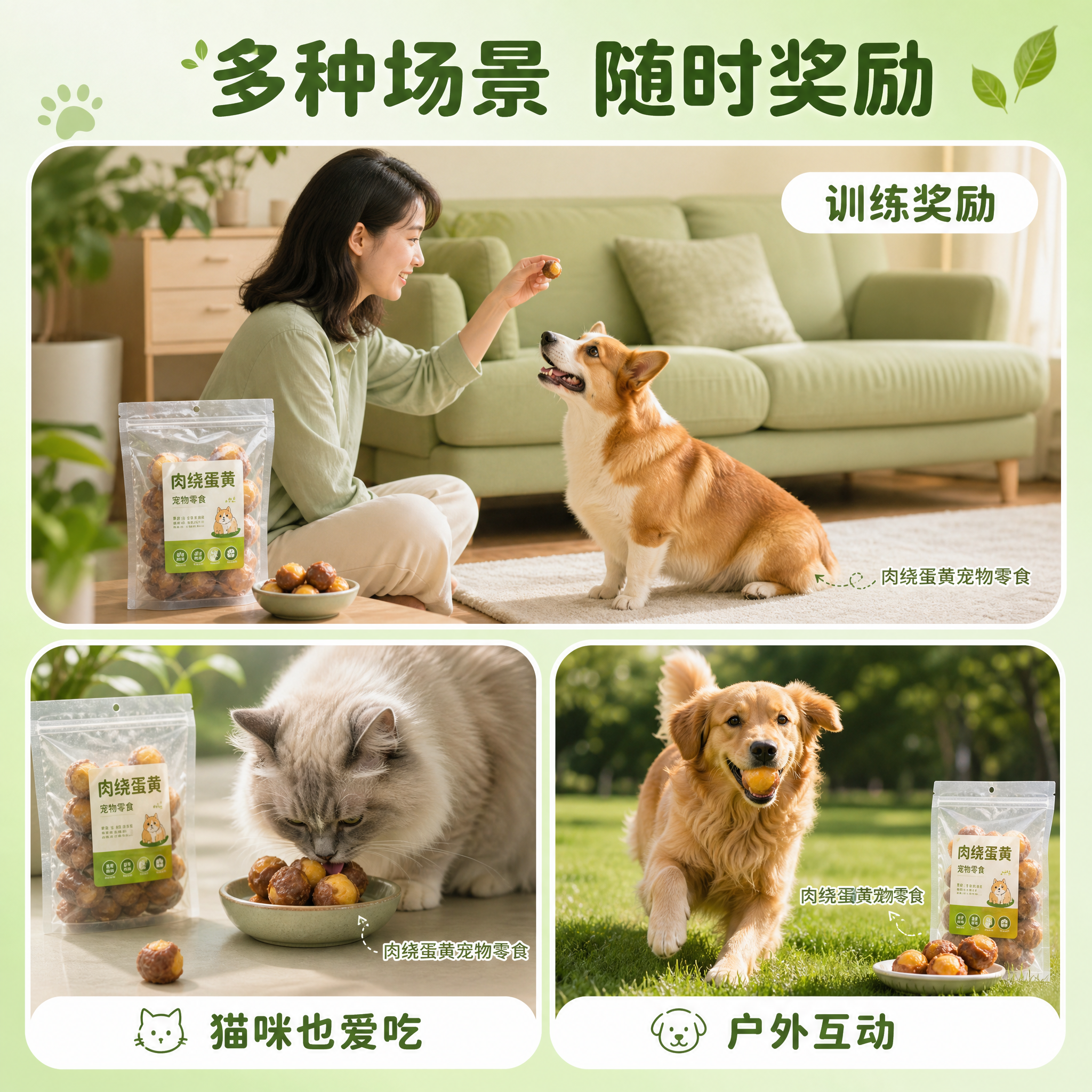 [主图-4] 肉绕蛋黄宠物零食 场景与适配 多场景使用展示。… - 图片创意预览