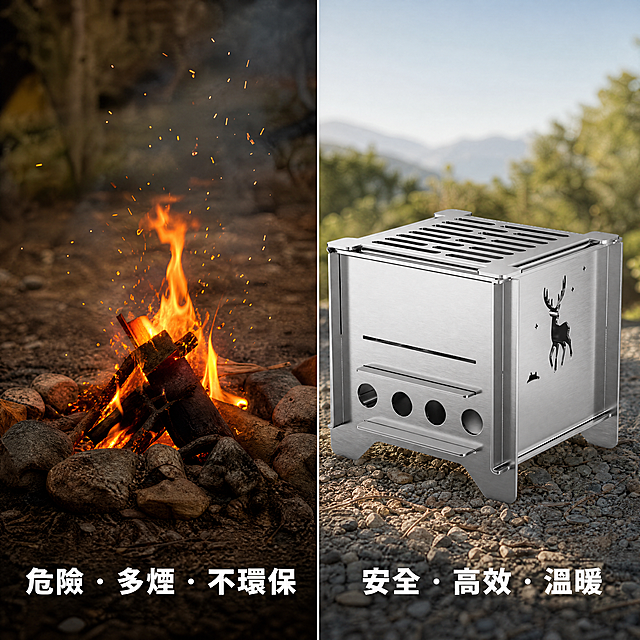 「图片1」「图片1」「图片1」「图片1」「图片1」，生成一套主图（4张），商品名称是迷你不鏽鋼柴火爐，卖点是野炊神器 ，露营取暖炉煮茶炉， 加厚不鏽鋼 ，迷你烧烤炉， 野炊必備  ，适配生成一套主图（4张），商品名称是迷你不鏽鋼柴火爐 ，卖点野炊神器 ，露营取暖炉煮茶炉， 加厚不鏽鋼 ，迷你烧烤炉， 野炊必備， 輕量好帶， 便攜柴火爐 适配shopee平台湾站点的户外类目，主图比例为 1:1 请你作为专业的电商摄影师和设计师，为我的 Shope台湾站户外用品纯钛享受用品店生成一套风格统一的商品图，共4张。 产品名称：[不鏽鋼柴火爐] 核心卖点：[野炊神器 ，露营取暖炉煮茶炉， 加厚不鏽鋼 ，迷你烧烤炉， 野炊必備， 輕量好帶， 便攜柴火爐 ] 。 整体风格温馨自然，体验生活悠然自得。所有图片比例为严格的1:1正方形，高品质电商摄影风格。 请按以下顺序生成或描述出每张图：首图：（火焰艺术 + 营销信息） 慢速快门拍摄，迷你不锈钢柴火炉内部，火焰正在猛烈燃烧，形成漂亮的火焰旋涡。同时，从炉体顶部的二次燃烧孔中喷出蓝色的火焰，视觉效果震撼。炉子的金属表面被映照得通红。暗部文字：“全場8折 | 關注領券 | 現貨速發 | 重量850g”。 卖点图：（二次燃烧 + 无烟设计） 微距特写，镜头聚焦于炉膛顶部的精密开孔，火舌正从孔中窜出，形成完美的二次燃烧。同时，通过对比画面边缘来表现几乎无烟的清洁燃烧。文字：“二次燃燒技術 · 高效節能 · 幾近無煙”。 场景图：一个寒冷的冬夜，帐篷外，柴火炉正在燃烧，上面放着一个小锅，咕嘟咕嘟冒着热气。炉子周围坐着三五好友，手里捧着我们的钛杯，炉火映红了每个人的笑脸。温暖、分享、友情。 对比图： 左右分屏。左边是一堆开放的篝火，火星四溅，文字：“危險 · 多煙 · 不環保”；右边是我们的封闭式柴火炉，文字：“安全 · 高效 · 溫暖”。部分产品信息可以从我给你的图片当中摄取，产品图片生成必须严格与产品保持一致！生成的图片上的全部文字语言必须用繁体字。 ] 。 整体风格温馨自然，体验生活悠然自得。所有图片比例为严格的1:1正方形，高品质电商摄影风格。 请按以下顺序生成或描述出每张图：首图：（火焰艺术 + 营销信息） 慢速快门拍摄，迷你不锈钢柴火炉内部，火焰正在猛烈燃烧，形成漂亮的火焰旋涡。同时，从炉体顶部的二次燃烧孔中喷出蓝色的火焰，视觉效果震撼。炉子的金属表面被映照得通红。暗部文字：“全場8折起 | 關注領券 | 品质保证 | 重量1277g”。 卖点图：（二次燃烧 + 无烟设计） 微距特写，镜头聚焦于炉膛顶部的精密开孔，火舌正从孔中窜出，形成完美的二次燃烧。同时，通过对比画面边缘来表现几乎无烟的清洁燃烧。文字：“二次燃燒技術 · 高效節能 · 幾近無煙”。 场景图：一个寒冷的冬夜，帐篷外，柴火炉正在燃烧，上面放着一个小锅，咕嘟咕嘟冒着热气。炉子周围坐着三五好友，手里捧着我们的钛杯，炉火映红了每个人的笑脸。温暖、分享、友情。 对比图： 左右分屏。左边是一堆开放的篝火，火星四溅，文字：“危險 · 多煙 · 不環保”；右边是我们的封闭式柴火炉，文字：“安全 · 高效 · 溫暖”。部分产品信息可以从我给你的图片当中摄取，产品图片生成必须严格与产品保持一致！生成的图片上的全部文字语言必须用繁体字。