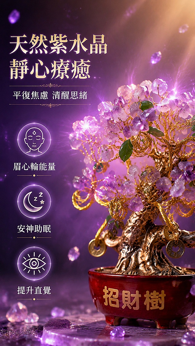 [第3屏] 核心卖点 · 紫水晶静心疗愈功效解析。本屏使用【图1】作为商品主体，突出紫水晶部分。
[氛围/风格] 治愈能量系，神秘静谧，紫色光晕氛围，商业摄影质感，灵性疗愈风格。
[元素布局] 紫晶能量树置于画面右侧，占比约50%，略放大树冠紫水晶部分；左侧为文案区，配有3个圆形图标分别对应三个卖点；背景为深紫到浅紫的渐变光晕，有淡紫色能量光线从紫水晶中散发出来；画面中漂浮若干细小紫水晶原石微粒；产品结构、颜色、材质与输入图完全一致。
[光影质感] 紫水晶自身发出柔和紫光，配合顶部暖金色柔光，水晶通透有折射光泽，树身有立体光影层次。
[配色色系] 全局底色 #6B4E9E 深紫渐变；主色紫色 #9B7CC9、金色 #D4AF37；辅助色白色文字、淡紫光晕。
[视角构图] 右侧产品 + 左侧文案的左右构图，产品微侧45°，阅读动线左上标题 → 左中卖点 → 右侧产品。
[文字版式] 左上繁体字主标题「天然紫水晶 靜心療癒」，副标题「平復焦慮 清醒思緒」；下方三个卖点图标+文字：「眉心輪能量」「安神助眠」「提升直覺」，每项配简约线描图标；均为繁体字，白色字体，标题金色描边；文字不遮挡产品。
[比例分辨率] 9:16 竖版比例，4K 分辨率，文字清晰可辨，高清画质。
[负向提示词] 产品变形，缺件错件，颜色偏差，水印，文字错乱，简体字，水晶不透明，背景杂乱。