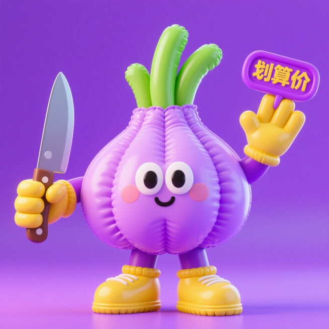一个拿着菜刀和“划算价” 立体牌的拟人的大蒜，它戴着黄色手套和鞋子，造型活泼可爱，紫色背景预览效果
