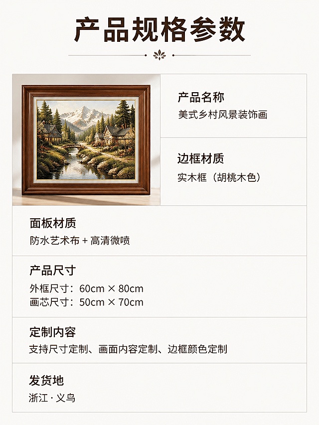 [第7屏] 产品规格参数信息卡。
[氛围/风格] 规整清晰，参数明确。
[元素布局] 左上角放产品小图展示，占比约25%，保持产品外观，右侧和下半部分为参数表格，列出核心规格信息，表格线条纤细浅灰色，排版清晰不拥挤，背景浅色。
[光影质感] 均匀布光，产品和表格都清晰干净，文字锐利。
[配色色系] 全局底色 #f8f8f8，浅灰色表格线，深棕色文字，产品保持原有配色。
[视角构图] 左图右表，上小图下表格，符合移动端信息浏览。
[文字版式] 顶部主标题「产品规格参数」大字号深棕色粗体居中，表格内容清晰列出：产品名称、边框材质、面板材质、产品尺寸、定制内容、发货地，每一项参数名称和内容左对齐，文字清晰大小适中，手机浏览可看清。
[比例分辨率] 3:4 竖版比例，4K分辨率，高清画质。
[负向提示词] 表格变形，文字模糊，文字过小，水印。