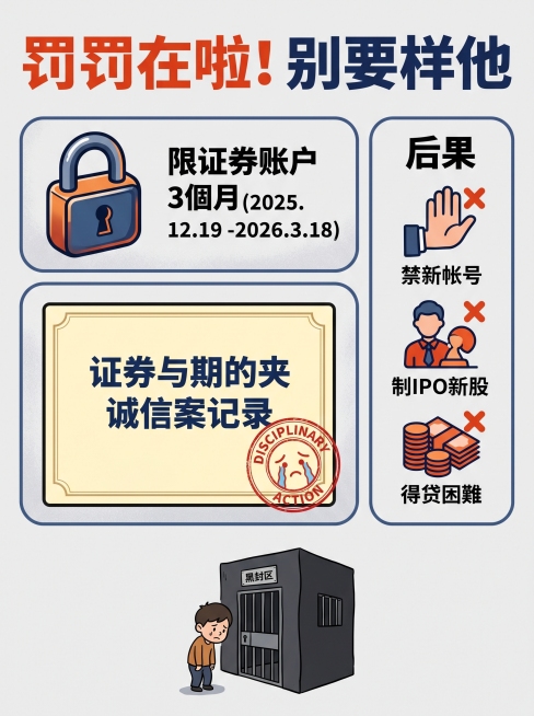 信息图，主标题："处罚来了！别学他"，标题用橙红+深蓝色对比，第一个分区：大锁图标 + 文字"限制证券账户交易 3个月（2025.12.19-2026.3.18）"，第二个分区：诚信档案卡片样式，写"预览效果