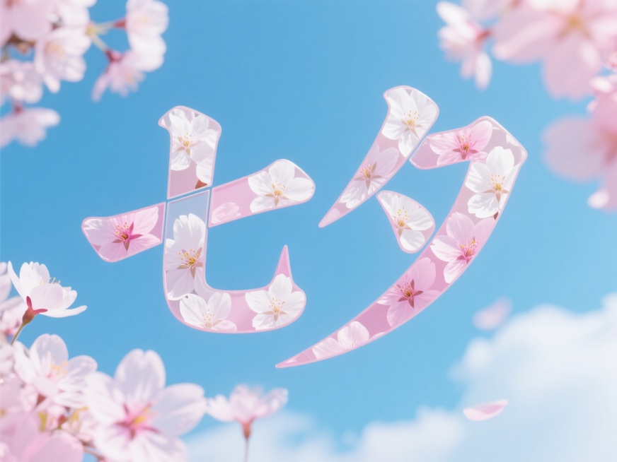 艺术字“七夕”，字体笔划由真实樱花照片填充，拼贴风，花色淡粉至白色，整体风格清新浪漫，捕捉春日樱花的精髓，蓝天白云背景预览效果
