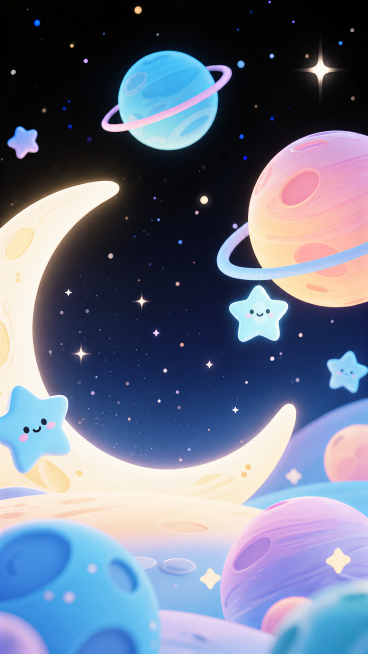 保留原图的梦幻太空背景，移除中间的宇航员卡通小狗，保持背景原有的星球、月牙、星星等元素完整，画面高清清晰预览效果