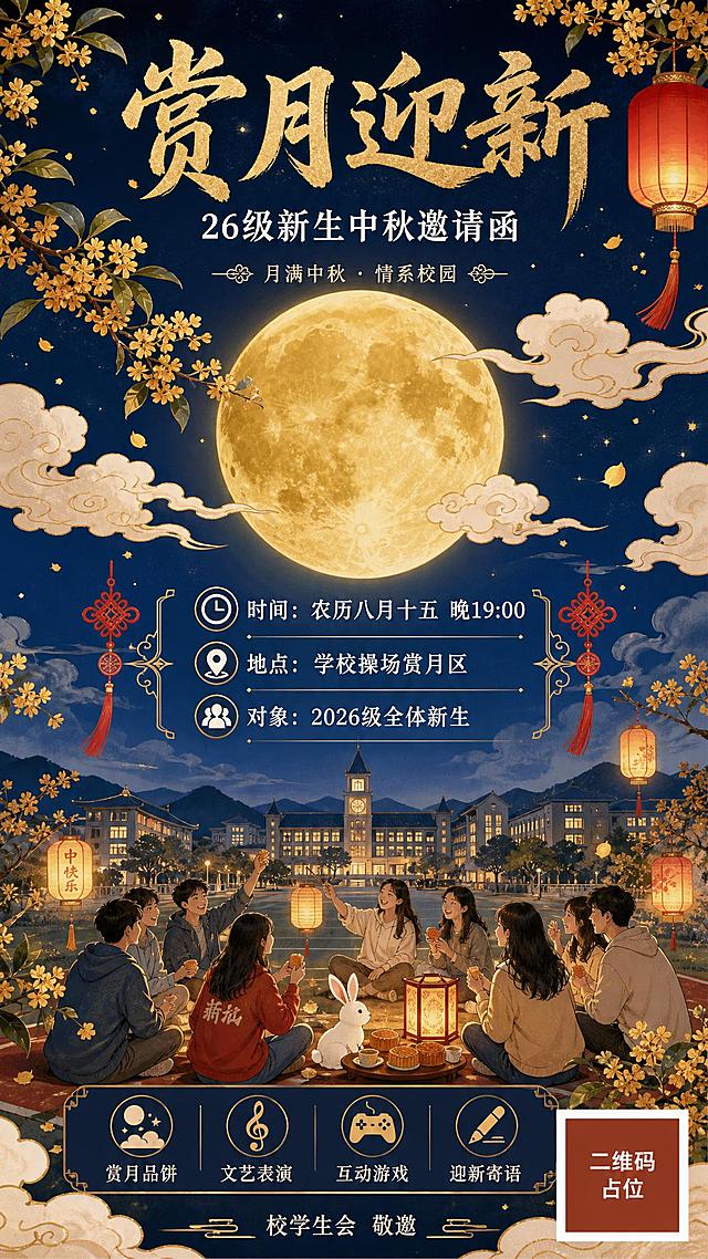 国风新中式工笔风格的26级新生赏月迎新邀请函海报，竖版9:16构图。画面中央偏上位置是一轮硕大的金色满月，月光柔和洒下，周围点缀着飘逸的祥云和桂花枝。画面下方是校园剪影与年轻学子欢聚赏月的场景，有月饼、灯笼、玉兔等中秋元素。整体色调以深蓝夜空为底，搭配金色月光、朱红点缀和米白祥云，雅致喜庆。

文字排版精美，层级分明：
主标题（画面上方居中，金色书法大字）："赏月迎新"
副标题（主标题下方，白色小字）："26级新生中秋邀请函"
装饰语（副标题旁，小字）："月满中秋 · 情系校园"

画面中部信息区（左右对称排版，白色清晰字体）：
"时间：农历八月十五 晚19:00"
"地点：学校操场赏月区"
"对象：2026级全体新生"

活动内容区（底部偏上，图标+文字形式）：
"赏月品饼 · 文艺表演 · 互动游戏 · 迎新寄语"

底部落款："校学生会 敬邀"

画面右下角有一个纯色方块二维码占位符，方块中央标注"二维码占位"文字。

画面中所有信息区域必须填充完整合理的内容，不得出现空白框、空白占位、横线待填写区域、空列表项、空单元格。画面中所有数字必须精确渲染，不得错位、遗漏或编造。版式精美，国风韵味浓厚，仪式感强，超高清画质。