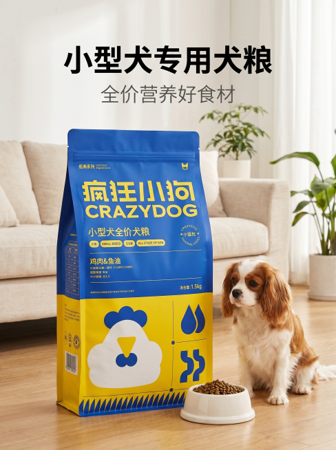 [主图-1] 小型犬专用疯狂小狗蓝色包装犬粮场景首图；
[氛围风格] 清新自然实景风，简约高级质感，整体色调干净柔和，全实景实拍，无卡通插画；居家温馨场景；
[画质] 8K 超清实景拍摄，高清电商详情预览效果