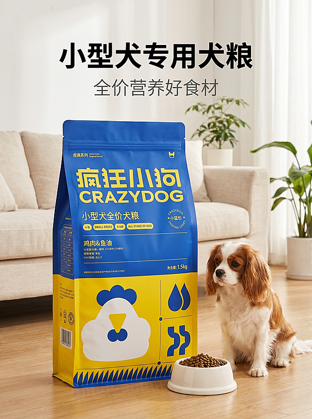 [主图-1] 小型犬专用疯狂小狗蓝色包装犬粮场景首图；
[氛围风格] 清新自然实景风，简约高级质感，整体色调干净柔和，全实景实拍，无卡通插画；居家温馨场景；
[画质] 8K 超清实景拍摄，高清电商详情质感，光线柔和自然，画面干净整洁，色彩温润舒适，产品清晰真实；
[元素] 整袋疯狂小狗蓝色包装犬粮居中展示，旁边摆放精致陶瓷食碗和一只可爱小型宠物犬，产品占比约70%，整体画面简约大气，产品突出。保持疯狂小狗犬粮包装外观、物理结构、材质质感、颜色与输入产品图绝对一致，杜绝任何变形和色差，精细化处理。画面满屏无边框；
[光影] 自然光通透，光线柔和自然，主光清晰打亮产品，明暗层次协调；
[配色] 主色调干净柔和蓝黄搭配，整体温润舒适；
[视角构图] 平视中心构图，景深适中；
[文字版式] 画面上方居中，主文案"小型犬专用犬粮"居中放大粗黑字体，副文案"全价营养好食材"在主文案下方，字体纤细，颜色比主文案浅一度。文字清晰不遮挡产品主体，安全边距合适；
[比例分辨率] 3:4比例，2k分辨率，文字清晰可辨，超高清；
[负向提示词] 变形，水印，文字错乱，产品图模糊，背景杂乱，卡通插画，风格不一致