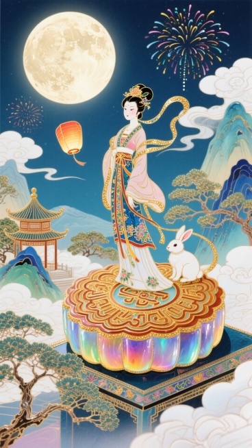 嫦娥身着传统服饰立于月饼造型的建筑上，身旁有玉兔，背景有圆月、古式亭台、树木、山峦、云朵、孔明灯、烟花预览效果