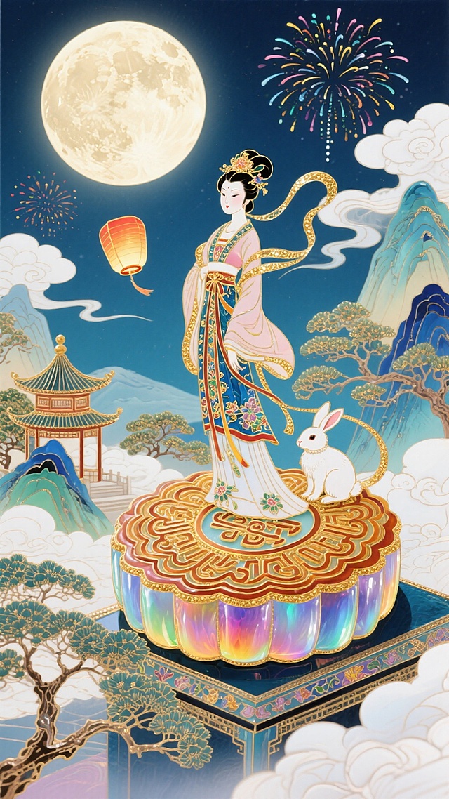 中秋夜，嫦娥立于七彩月饼之上，执灯伴玉兔，圆月、烟花、亭台、青山相映，古韵与梦幻交织，尽显佳节浪漫与美好