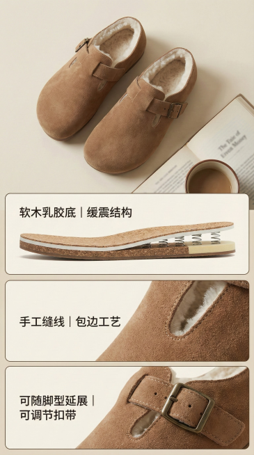 多角度拆分图：鞋底缓震结构 + 包边工艺 + 可调节扣带。

标签式文案：「手工缝线｜软木乳胶底｜可随脚型延展」预览效果