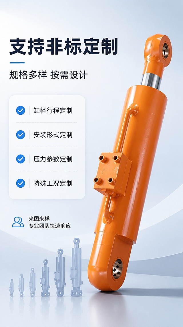 [第7屏] 定制服务-非标规格定制。本屏使用【图6】橙色带阀块耳环式液压油缸为主体，展示多规格定制能力。
[氛围/风格] 明亮现代工业风，专业灵活，信息疏朗。
[元素布局] 橙色油缸斜置于画面右侧，占比约50%，缸体结构、阀块细节与输入图一致；左侧为定制服务信息区，背景为浅灰蓝色渐变；画面底部隐约排列多款不同规格油缸的剪影，体现规格多样；产品金属质感强烈，橙色漆面光亮。
[光影质感] 左上方主光源柔光，缸体橙色漆面有清晰高光，阀块金属部件反光真实，底部自然投影。
[配色色系] 全局底色 #F0F4F8 浅灰蓝；主色橙色缸体；辅助色深蓝灰文字、白色信息卡。
[视角构图] 45°斜侧视，左右分栏布局，阅读动线左上标题 → 左下服务项 → 右侧产品。
[文字版式] 左上主标题「支持非标定制」，副标题「规格多样 按需设计」，粗黑体左对齐；下方四个定制项目带勾选图标：「缸径行程定制」「安装形式定制」「压力参数定制」「特殊工况定制」；底部一行小字「来图来样 专业团队快速响应」；文字疏朗不密集。
[比例分辨率] 9:16 竖版比例，4K 分辨率，文字清晰可辨，高清画质。
[负向提示词] 缸体变形，结构错误，颜色偏差，水印，文字错乱，文字过小，信息拥挤，背景杂乱。