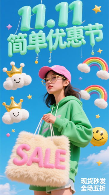 低角度仰拍视角的超现实潮流拼贴海报，以澄澈亮蓝天空为背景，薄荷绿3D充气字体“11.11 简单优惠节”从画面上方垂落，主视觉是一位戴着眼镜提着购物袋的潮流女生（绿卫衣、粉色棒球帽），放大人物，让天空背预览效果