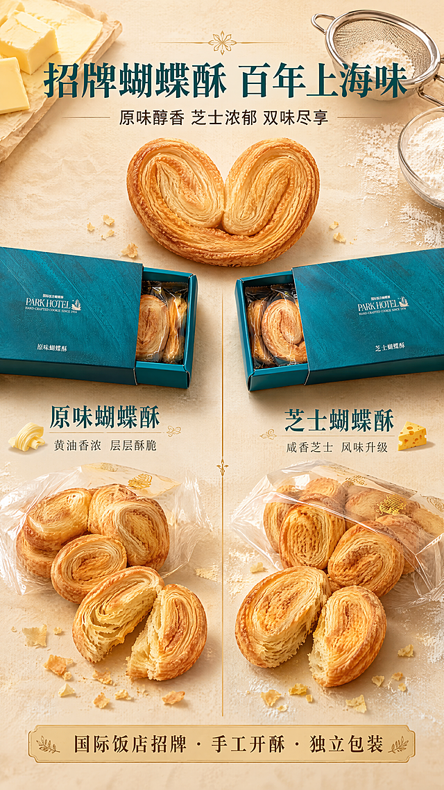 [第6张·蝴蝶酥介绍图] 蝴蝶酥双口味展示——上海国际饭店原味+芝士蝴蝶酥风味介绍。本张使用【图4】作为商品主体（打开的蝴蝶酥内盒）。
[氛围/风格] 精致法式点心质感，酥脆食欲感，暖调温馨氛围，商业美食摄影级画面，百年老字号品质感。
[元素布局] 画面左右分栏布局：左侧原味蝴蝶酥区、右侧芝士蝴蝶酥区。每区上方为对应孔雀蓝内盒（印有PARK HOTEL烫金logo与口味名称，与输入图一致），下方为打开的独立包装袋，露出3-4块蝴蝶酥，其中一块掰开展示层层酥皮结构，碎屑自然散落；两区中间用细金线分隔，顶部中央放一只完整的蝴蝶酥作为视觉焦点，酥皮层次如书页般分明，色泽金黄诱人；背景为浅米色烘焙油纸纹理，点缀少量黄油块、面粉筛、糖粉等烘焙元素。产品包装与输入图完全一致。
[光影质感] 顶部暖金色柔光，蝴蝶酥表面有金黄酥脆的光泽，酥皮层次清晰有立体感，掰开处可见内部层层叠叠的结构，整体温暖有食欲，阴影柔和自然。
[配色色系] 全局底色 #F5EFE0（暖米黄）；主色孔雀蓝 #0F6B6B；辅助色蝴蝶酥金黄 #E6B85C、黄油浅黄 #F5DEB3；点缀色糖粉白 #FAFAFA。
[视角构图] 45°微俯视，左右对称分栏，中间蝴蝶酥为中心，阅读动线：顶部标题 → 左右双口味对比 → 底部品质承诺。
[文字版式] 版式为顶部居中大标题 + 左右两区各配口味介绍 + 底部品质条。顶部主标题「招牌蝴蝶酥 百年上海味」，宋体，深孔雀蓝色，字号大；副标题「原味醇香 芝士浓郁 双味尽享」，细黑体，深棕色，在主标题下方；左侧原味区配文字：「原味蝴蝶酥」主标（孔雀蓝）+「黄油香浓 层层酥脆」副标（灰色），配小图标；右侧芝士区配文字：「芝士蝴蝶酥」主标（孔雀蓝）+「咸香芝士 风味升级」副标（灰色），配小图标；底部通栏浅金色底，内文「国际饭店招牌 · 手工开酥 · 独立包装」，深棕色文字。
[比例分辨率] 9:16 竖版比例，4K 分辨率，文字清晰可辨，高清画质。
[负向提示词] 蝴蝶酥变形，颜色偏差，包装文字错乱，水印，文字过小，食物不新鲜发软，背景杂乱，酥皮层次不清。