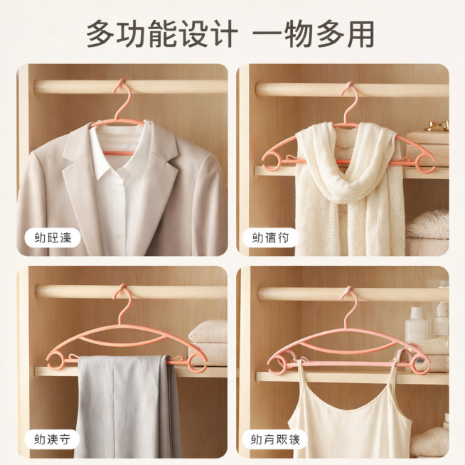 「图片1」，生成一套主图（5张），商品名称是彩色衣架，卖点是宽肩弧形设计，防肩角鼓包防滑不掉落，承重性好，多功能设计，一物多用。风格是家居治愈风，适配淘宝/天猫平台，主图比例为1:1「图片1」「图片1预览效果