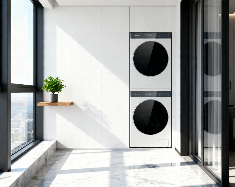A hyper-realistic interior photography of a modern minimalist balcony. The Panasonic washer and drye预览效果