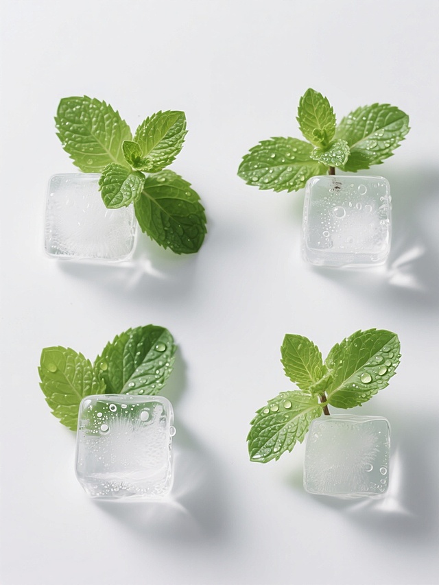 超写实摄影风格，纯白纯色背景，极简现代构图，四个规整排布的素材，每个素材包含不同形态的新鲜薄荷叶和透明冰块组合，薄荷叶呈现鲜亮的绿色，叶片纹理清晰，表面带有水珠，冰块晶莹剔透，内部有细密气泡和水珠凝结，光影效果自然柔和，高光与阴影过渡细腻，整体画面干净清爽，无任何文字、logo和水印。