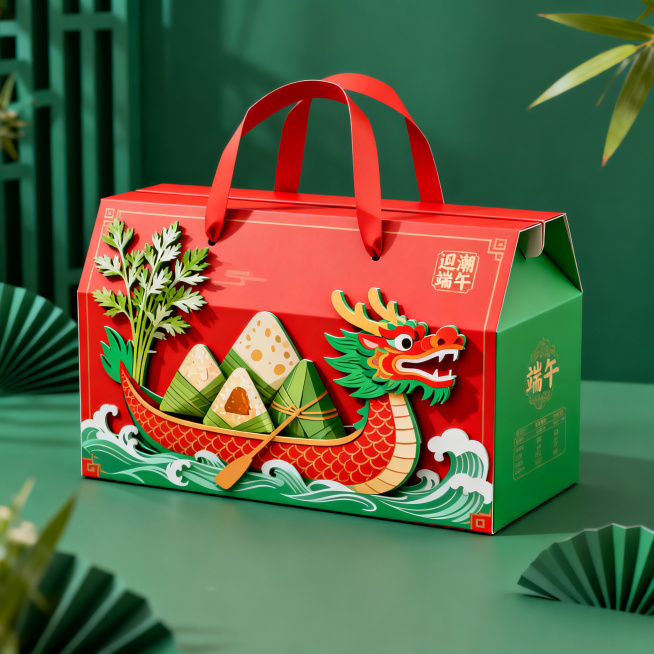 国潮风格端午主题手提纸礼盒包装设计，粽子图案结合龙舟和艾草元素，红绿撞色国潮配色，精致立体包装，高清产品展示图预览效果