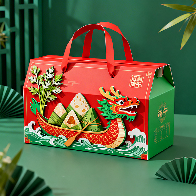 国潮风格端午主题手提纸礼盒包装设计，粽子图案结合龙舟和艾草元素，红绿撞色国潮配色，精致立体包装，高清产品展示图