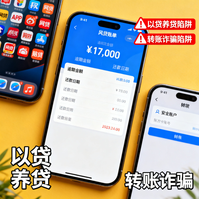 写实风格公众号配图，主题为网贷逾期四大还款陷阱警示，画面展示网贷账单界面与标注的红色陷阱警示标识，周围呈现以贷养贷、转账诈骗的场景，金融警示写实风格，清晰直观预览效果