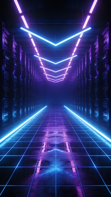 赛博朋克风格电竞背景，深邃幽暗的未来科技走廊，地面由发光网格线条构成，中央及两侧延伸出明亮的蓝紫色霓虹光带，两侧矗立着垂直排列的深色算力机，顶部悬挂交错的几何形霓虹灯管，整体呈现强烈的纵深感和对称构图预览效果