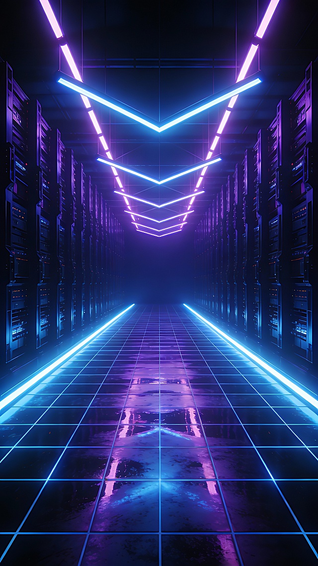 赛博朋克风格电竞背景，深邃幽暗的未来科技走廊，地面由发光网格线条构成，中央及两侧延伸出明亮的蓝紫色霓虹光带，两侧矗立着垂直排列的深色算力机，顶部悬挂交错的几何形霓虹灯管，整体呈现强烈的纵深感和对称构图，光线在光滑地面形成清晰倒影，营造出炫酷、科技感十足、充满能量的电竞氛围，色彩以深蓝、紫色为主色调，霓虹灯光带来高对比度光影效果，空间感开阔，细节丰富，适合作为科技主题的视觉背景。