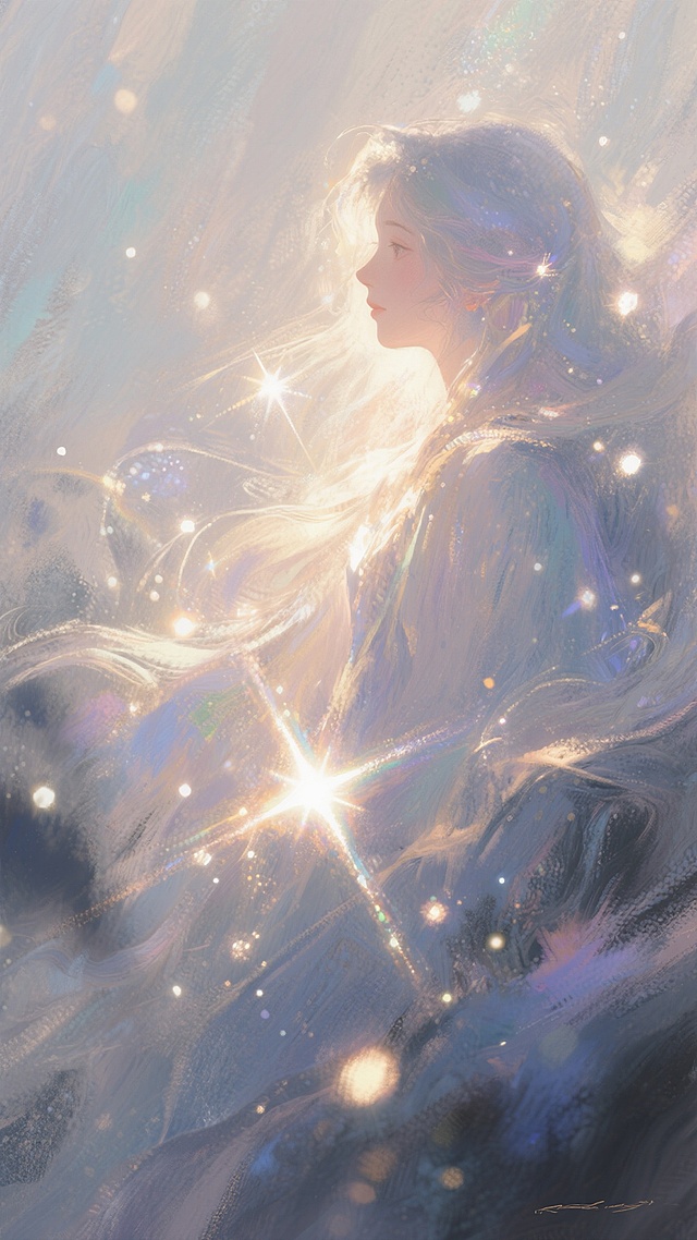 梦幻水彩插画风，光影交织中少女侧影朦胧唯美，粒子光斑如星尘洒落，印象派笔触营造柔美氛围。