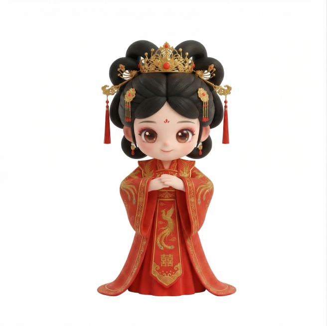参考这张中式盲盒新娘IP形象，保持IP人物Q版卡通风格、保持红色中式凤冠霞帔婚服的服饰和头饰设计不变，生成一个作揖行礼的动作造型，3D粘土风格，纯白色背景预览效果