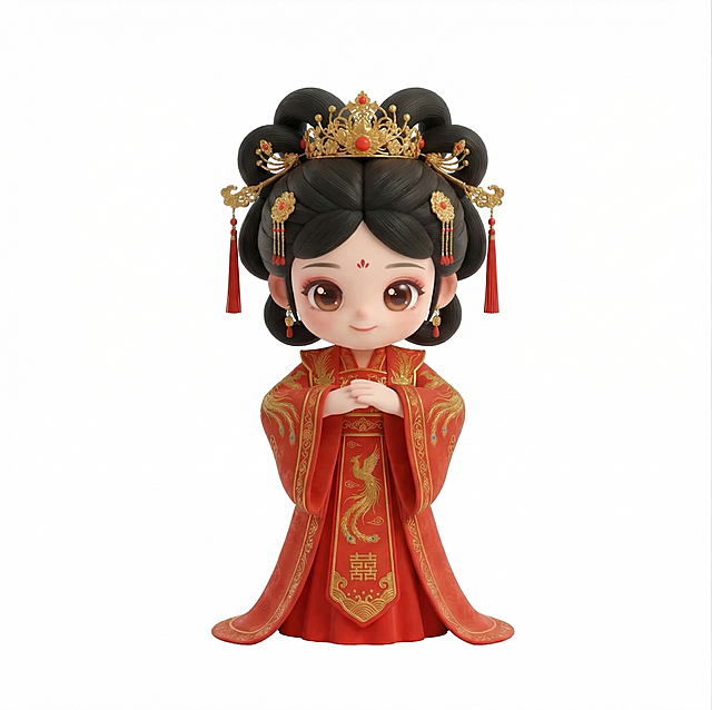 参考这张中式盲盒新娘IP形象，保持IP人物Q版卡通风格、保持红色中式凤冠霞帔婚服的服饰和头饰设计不变，生成一个作揖行礼的动作造型，3D粘土风格，纯白色背景