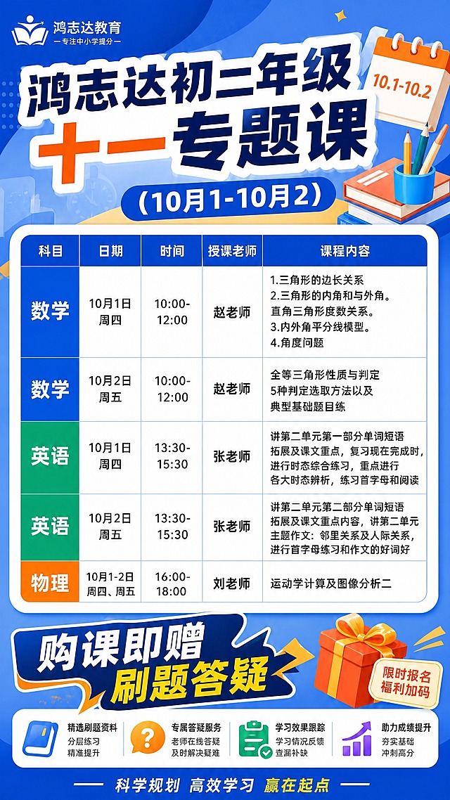 保持图1的版式、配色、字体风格、装饰元素（左上角鸿志达教育logo、右上角日历、书本笔筒、底部购课即赠刷题答疑模块、底部四个图标模块）完全不变，只修改标题文字和课程表格内容。标题改为“鸿志达初二年级 十一 专题课”，副标题日期改为“(10月1-10月2)”。课程表格按以下内容替换，保持原表格样式（科目列背景色：数学蓝色、英语绿色、物理橙色等对应区分）：

| 科目 | 日期 | 时间 | 授课老师 | 课程内容 |
| ---- | ---- | ---- | -------- | -------- |
| 数学 | 10月1日 周四 | 10:00-12:00 | 赵老师 | 1.三角形的边长关系 2.三角形的内角和与外角。直角三角形度数关系。 3.内外角平分线模型。 4.角度问题 |
| 数学 | 10月2日 周五 | 10:00-12:00 | 赵老师 | 全等三角形性质与判定 5种判定选取方法以及典型基础题目练 |
| 英语 | 10月1日 周四 | 13:30-15:30 | 张老师 | 讲第二单元第一部分单词短语拓展及课文重点，复习现在完成时，进行时态综合练习，重点进行各大时态辨析，练习首字母和阅读 |
| 英语 | 10月2日 周五 | 13:30-15:30 | 张老师 | 讲第二单元第二部分单词短语拓展及课文重点内容，讲第二单元主题作文：邻里关系及人际关系，进行首字母练习和作文的好词好 |
| 物理 | 10月1-2日 周四、周五 | 16:00-18:00 | 刘老师 | 运动学计算及图像分析二 |

底部“购课即赠 刷题答疑”模块和四个图标模块、底部标语“科学规划 高效学习 赢在起点”保持不变。整体风格与图1完全一致，蓝色教育风海报。
