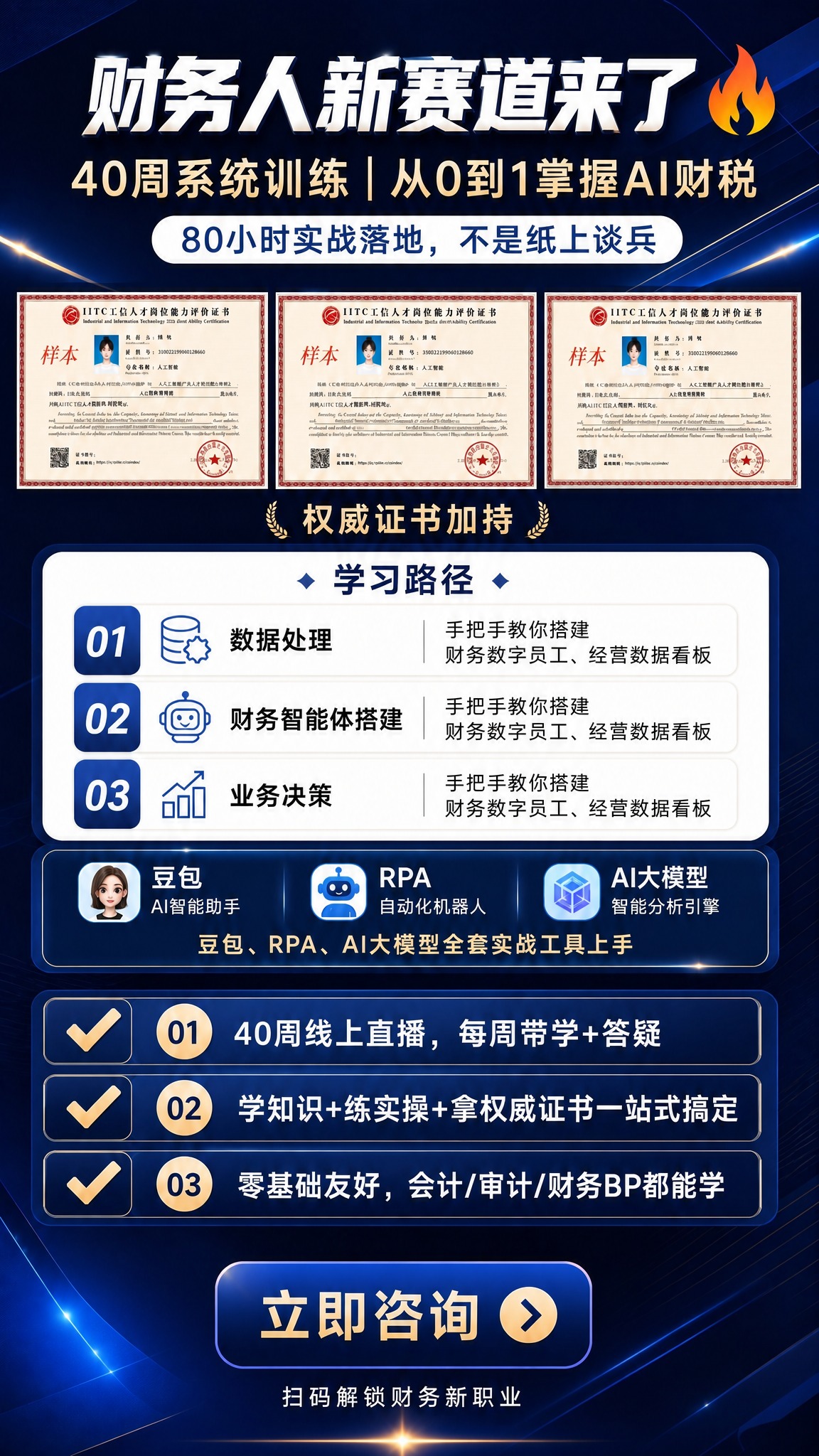 修改这张海报：1. 将顶部的三行标题文字（"财务人新赛道来了"… - 图片创意预览
