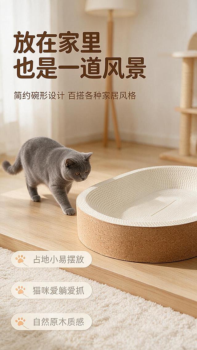 [商品] 使用【图3】椭圆碗形软木猫薄荷白牛卡猫抓板侧面视角；保留椭圆碗状结构、白色瓦楞纸抓面、软木包边侧面纹理、整体厚度比例；商品处理：去除原桌面和背景杂物，修复边缘瑕疵，增强软木包边的颗粒质感和瓦楞纸层次。
[画面] 页面目标：场景种草，展示产品融入居家环境；构图：竖版9:16，左文右图，产品放在右侧浅木色地台上占画面45%，一只英短蓝猫正从旁边走过来准备趴上去；景别：中全景；前中后景：前景毛绒地毯、中景猫抓板+猫咪+地台、后景虚化北欧风客厅（落地灯、猫爬架一角、暖白墙面）；阅读动线：左上标题→左下卖点→右侧产品场景。
[视觉] 套系策略：风格=温馨治愈宠物家居商业摄影风；标题字=圆润粗黑体；正文字=简洁圆角无衬线体；主色=暖木色（米棕）；背景延展=基于暖木色做深浅层级、同色渐变和细腻木纹/纸质质感；强调色=奶橘色，仅用于小面积图标、引线和标签；标题色=深棕褐色；正文色=中暖灰；组件=圆角浅底信息卡、细线引线、爪印小图标；光影=左前侧暖柔光，柔和自然阴影。
[文字] 左上主标题"放在家里 也是一道风景"，副标题"简约碗形设计 百搭各种家居风格"，左下3个卖点：占地小易摆放、猫咪爱躺爱抓、自然原木质感；文字全部横向排版。
[规格] 图片比例9:16竖版，resolution=1K，避免变形、错字、文字过小、冷蓝背景、产品颜色改变、结构失真、极限词。