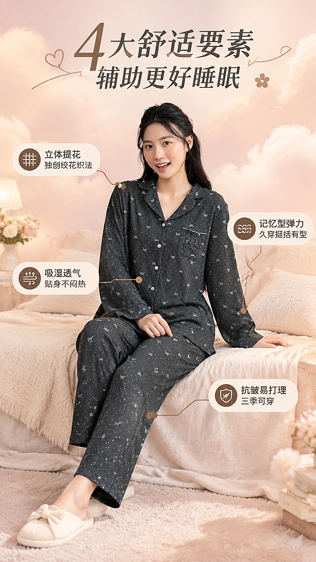 [商品] 使用【图2】深花灰针织提花睡衣套装模特全身坐姿图；商品处理：保留翻领开衫、长袖、胸前口袋、长裤、深花灰色、蝴蝶结提花、纽扣、版型结构；自然去除褶皱，理顺垂坠，增强针织纹理质感，去除原图"精雅JANNEYA"Logo及款号颜色面料文字水印。
[画面] 目标：4大舒适要素卖点解析页，用引线标注方式展示核心卖点。构图：竖版9:16，模特位于画面中央，全身坐姿，占画面约65%。从模特肩部、腰部、腿部、袖口四个位置引出引线，连接四个卖点信息卡。顶部大标题。背景：暖粉色云朵渐变背景，梦幻温馨，与参考图【图10】风格一致，柔和光晕效果。
[视觉] 套系策略：风格=温馨治愈居家风商业摄影；标题字=优雅衬线粗体+手写体装饰；正文字=简洁无衬线体；主色=深花灰+暖米杏；背景延展=基于暖米杏做深浅层级、同色渐变和细腻墙面/织物质感；强调色=奶茶棕，仅用于小面积图标、引线、标签和装饰线条；标题色=深花灰；正文色=中暖灰；组件=圆角浅底信息卡、细线引线、爱心/花朵小装饰；光影=右前侧暖柔光，柔和自然阴影。
[文字] 顶部大标题"4大舒适要素 辅助更好睡眠"，字体有设计感。四个卖点引线标注：1.肩部引出"立体提花 独创绞花织法"；2.袖口引出"记忆型弹力 久穿挺括有型"；3.腰部引出"吸湿透气 贴身不闷热"；4.裤腿引出"抗皱易打理 三季可穿"。每个卖点配圆形图标。文字全部横排，清晰可读。
[规格] 图片比例9:16竖版，2K分辨率，禁止出现"精雅janneay"等第三方品牌标识，禁止极限词，避免变形、错字、文字过小、冷蓝背景。