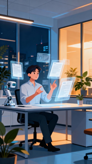 竖版构图，延续扁平化科技插画风格。场景设置在一间现代化办公室内，中心人物坐在办公桌前，面前悬浮多个透明文档界面。周围环境简洁，装饰有绿植和现代家具，透过窗户可以看到都市夜景。色彩以冷色调为主，结合温暖预览效果