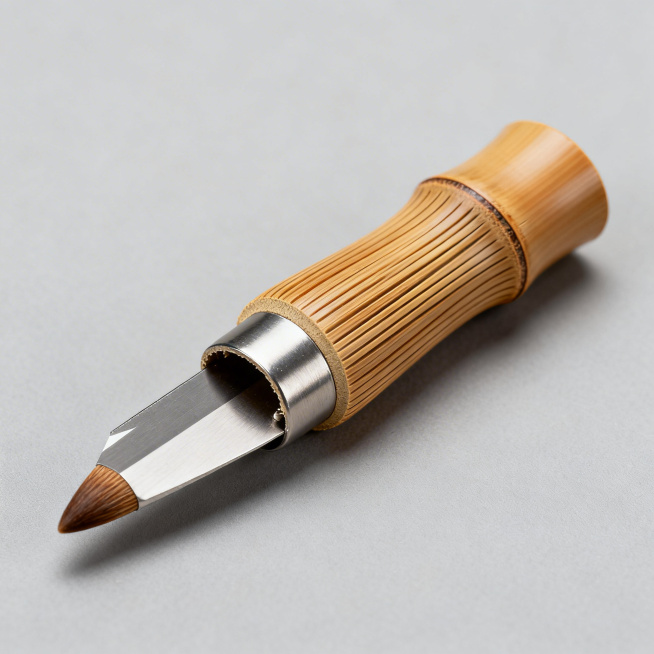 设计笔毫意象悬锋手持卷笔刀：整体为侧置的切开毛笔头形态，前端为圆钝锥形避免尖锐，后端握持处为竹节纹理模拟笔杆连接处；外壳表面有细腻竖向线条模仿笔毛收束肌理，主体为温润木质，刀片周围包覆金属，安全性拉满预览效果