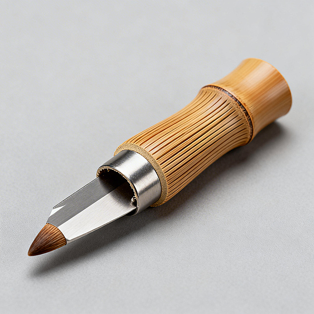 设计笔毫意象悬锋手持卷笔刀：整体为侧置的切开毛笔头形态，前端为圆钝锥形避免尖锐，后端握持处为竹节纹理模拟笔杆连接处；外壳表面有细腻竖向线条模仿笔毛收束肌理，主体为温润木质，刀片周围包覆金属，安全性拉满，契合文房文创定位，摆放在浅灰色桌面，高清写实风格。