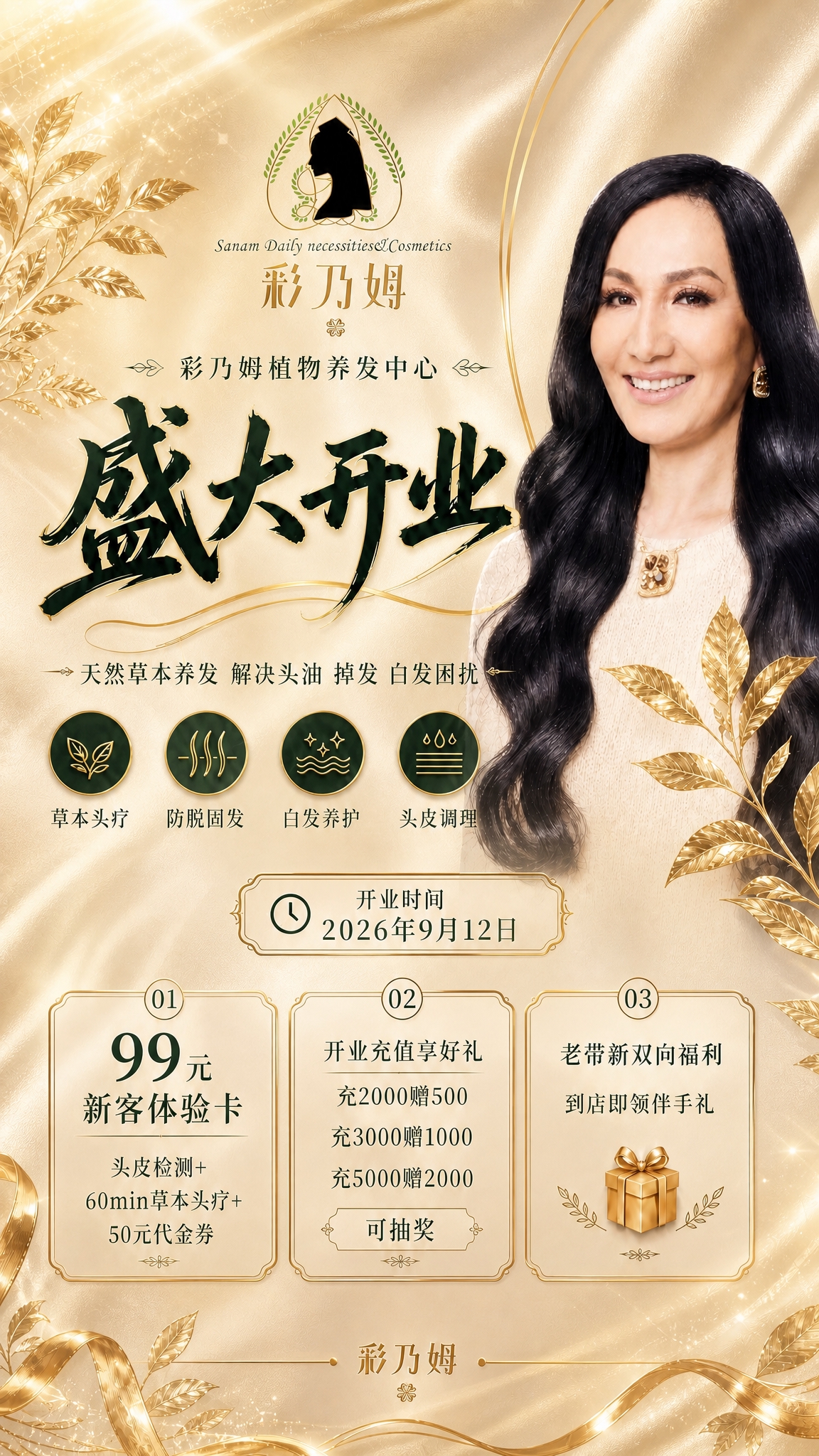 修改这张开业海报，将整体底色换成更高级的香槟金/暖米白丝绸渐变… - 图片创意预览
